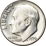 #198882 United States, Dime, Roosevelt, 1974, U.s. Mint, Copper-nickel Clad. Fixed Price $11.50.